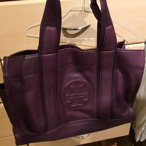 Large purple leather Tory Burch tote